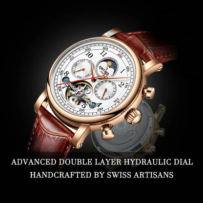 KINYUED Luxury Watches for Men Automatic Mechanical Moon Phase Men Watches Hollow Design Leather Strap Male Business Wristwatch