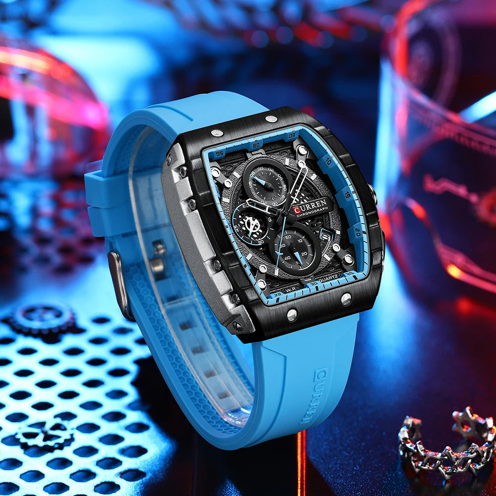 CURREN Tonneau Dial Chronograph Watch with Yellow Silicone Strap