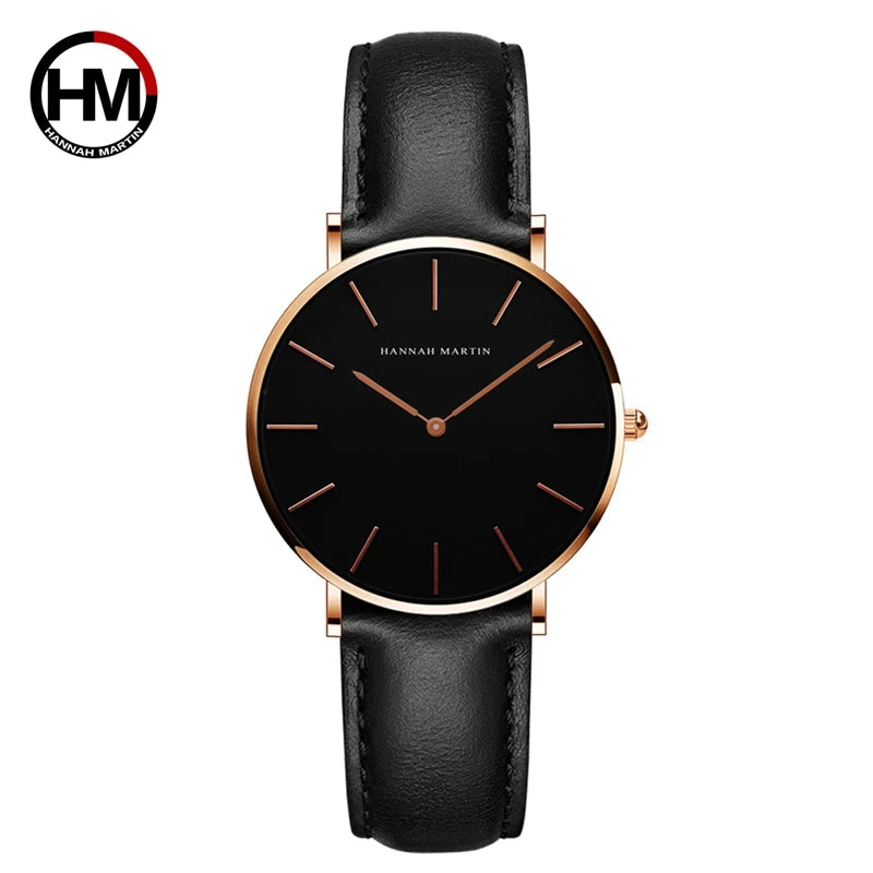 HANNAH MARTIN Top Brand Women Waterproof Wrist Watches 36mm Fashion Luxury Ultra Thin Leather Creative Rose Gold Ladies Watches