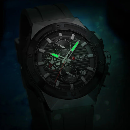 CURREN Montre à quartz multifonctionnelle de sport à la mode avec bracelet en silicone Cadran au design créatif Aiguilles lumineuses