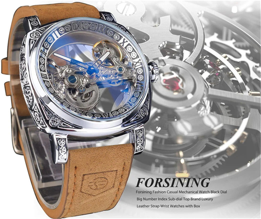 Forsining 403B Montres-bracelets automatiques pour hommes avec cadran squelette argenté et bracelet en cuir marron, cadeau idéal pour une fête