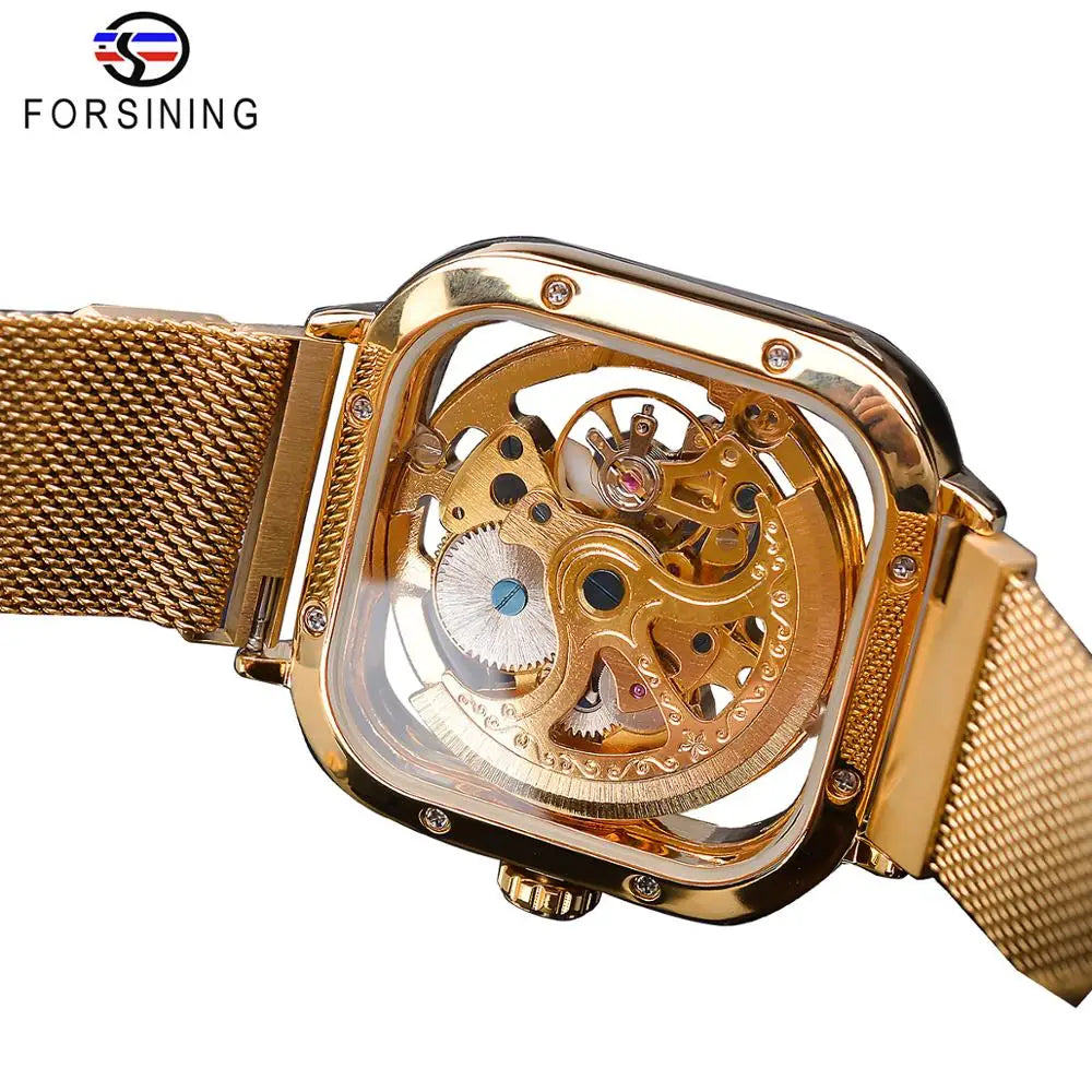 Forsining Montres mécaniques pour hommes, à remontage automatique, dorées transparentes, mode, maille acier, montre-bracelet squelette pour homme, chaude du moment
