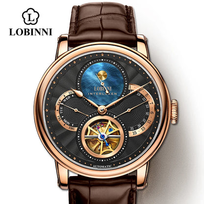 Montre LOBINNI Homme Automatique Or Montres Mécaniques Bracelets de Montre Mode bracelet sportif chronographe Squelette Saphir Marques de Montres
