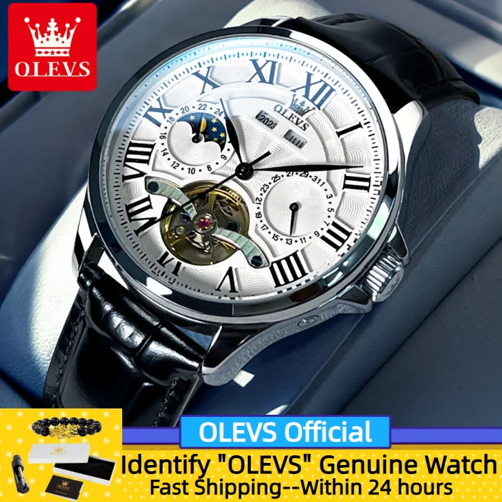 OLEVS 7013 Montre Automatique Homme Phase de Lune Étanche Luxe Montre Homme Date Acier Inoxydable Montre Mécanique