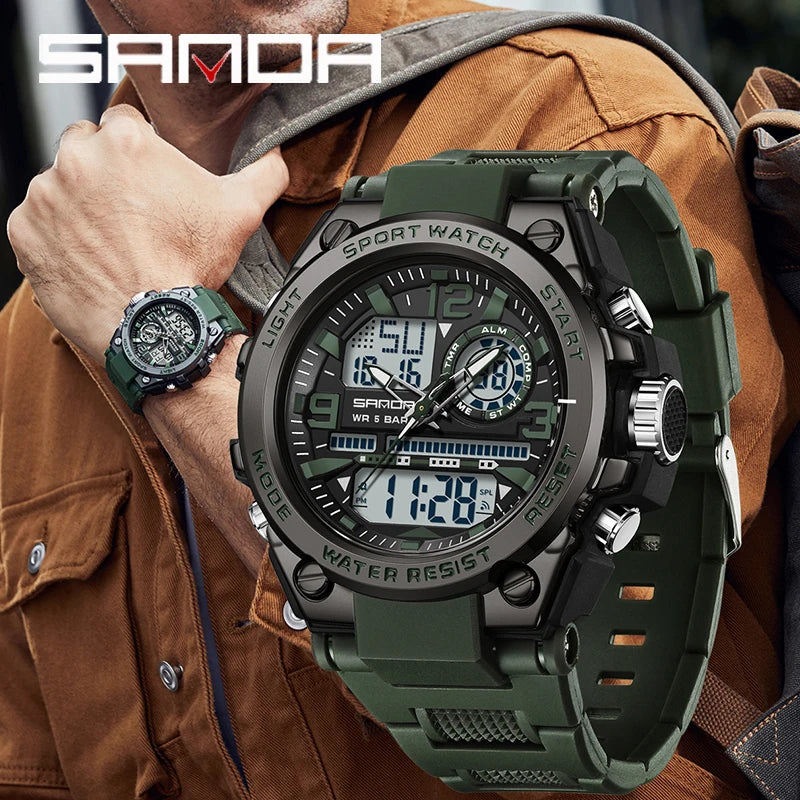 Montres de Sport à Quartz SANDA pour Hommes, Double Affichage LED Électronique Numérique, Étanche, Militaire, Relogios Masculino