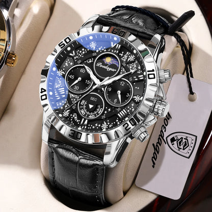 POEDAGAR Montre-bracelet de luxe multifonctionnelle pour homme Étanche Lumineuse Chronographe Montres de sport en cuir pour homme Montre à quartz pour homme