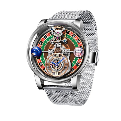 HAEMMER Celestial Roulette watch with transparent hollow dial and leather strap