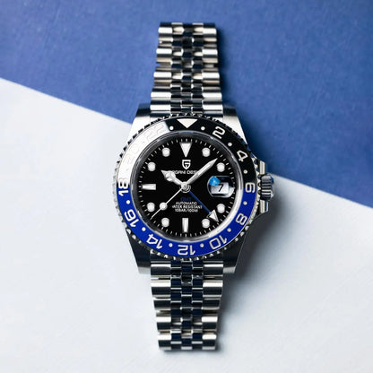PAGANI DESIGN Montre GMT 40MM pour Homme, Saphir de Luxe, Mouvement Automatique AR, Lunette Céramique, Étanche 100M, Cadeau