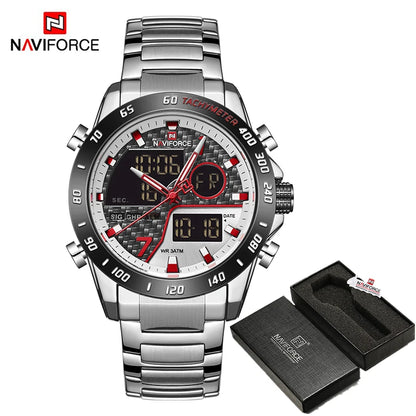 NAVIFORCE Montre-bracelet de luxe pour homme, montres de sport militaires numériques pour homme, bracelet en acier, horloge à quartz, Relogio Masculino