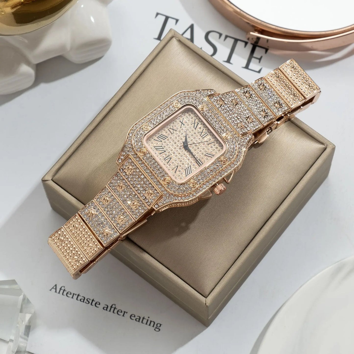 Montres pour hommes, cadran carré, ciel étoilé, ceinture en acier, incrustation de diamant, style européen américain, chiffres romains, montres-bracelets à quartz, cadeau