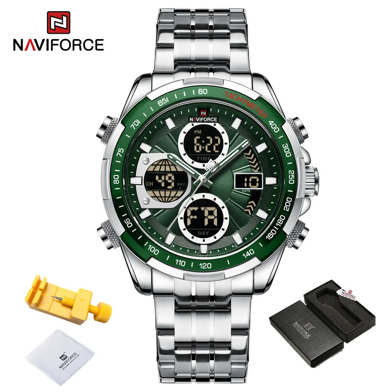 NAVIFORCE Montres-bracelets Homme Sport Décontracté Acier Inoxydable Étanche Lumineux Double Affichage Quartz Montre Horloge Homme Reloj Hombre