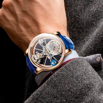 PINDU Design Montre à quartz pour homme collection Celestial, miroir incurvé, cadran ciel étoilé, surface cristalline, thème Terre, montre-bracelet