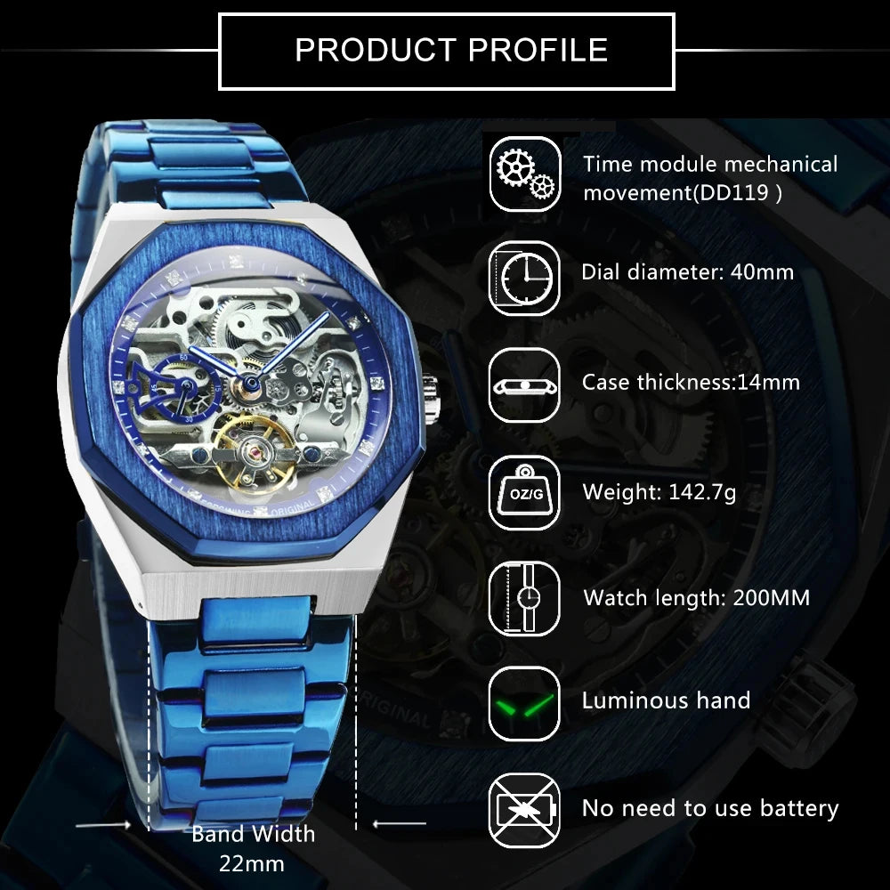 Forsining Montre automatique homme argentée 3D cadran diamanté Tourbillon irrégulier Squelette montres-bracelets mécaniques Aiguilles lumineuses Horloge