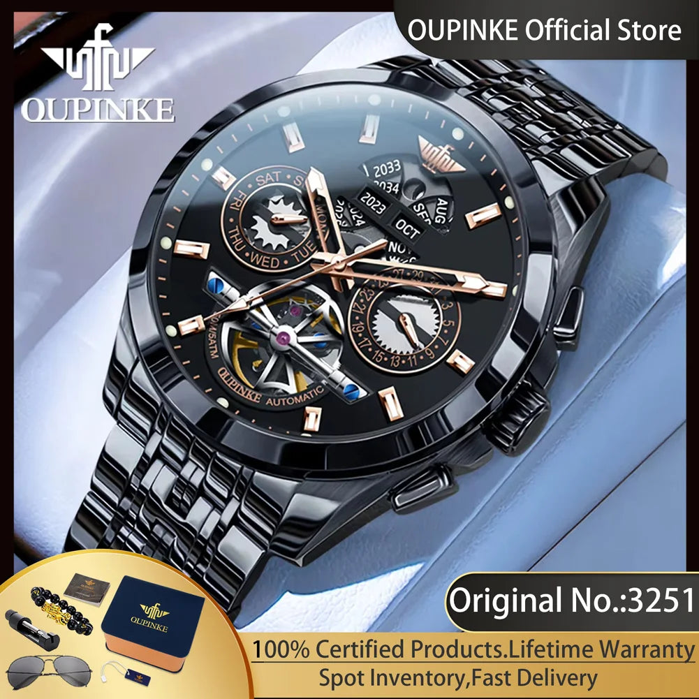 OUPINKE 3251 Auto Date Mechanical Watch for Men Hollowed Skeleton Luxury Automatic Hand Clock Top Brand Waterproof Man Watch Hot