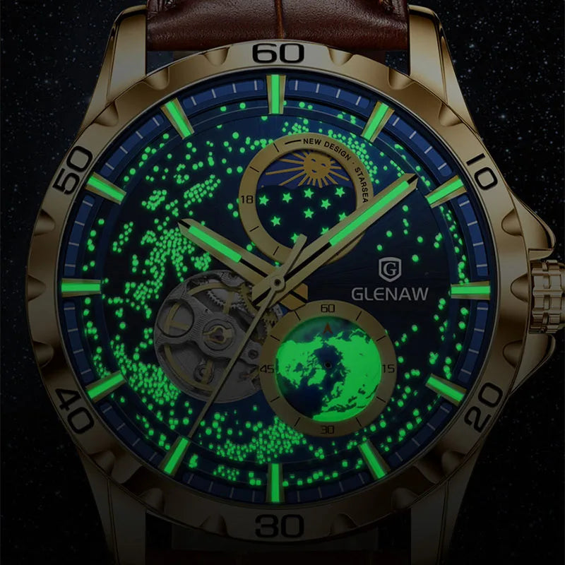 GLENAW mechanical watch with rotating earth dial and starry sky design