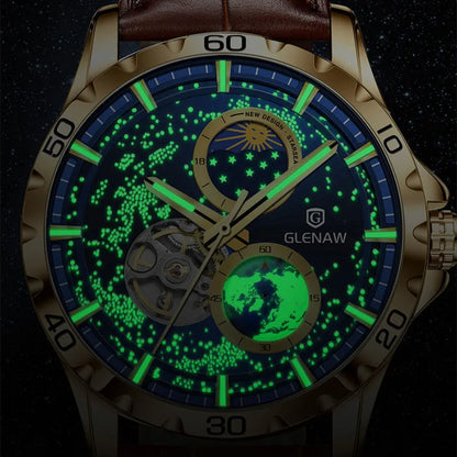 GLENAW mechanical watch with rotating earth dial and starry sky design