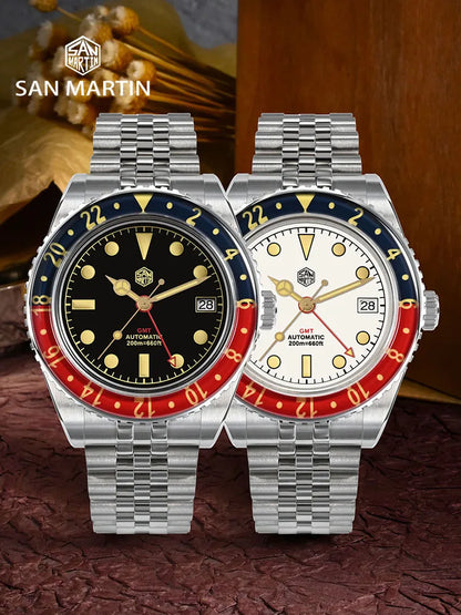San Martin NH34 40 mm GMT Style Sportif de Luxe Entièrement Lumineux Lunette Saphir Bidirectionnelle Montre Automatique Mécanique 20 Bar SN0005