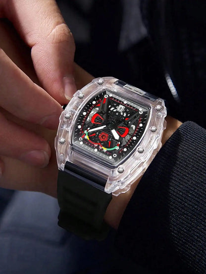 Nouvelle montre à quartz pour homme Boîtier transparent Bracelet en silicone Montres-bracelets lumineuses avec calendrier Style sport décontracté Montre à quartz pour hommes