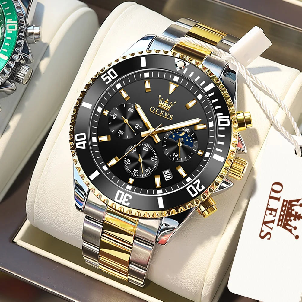 OLEVS Chronograph Moon Phase Date Stainless Steel Dial