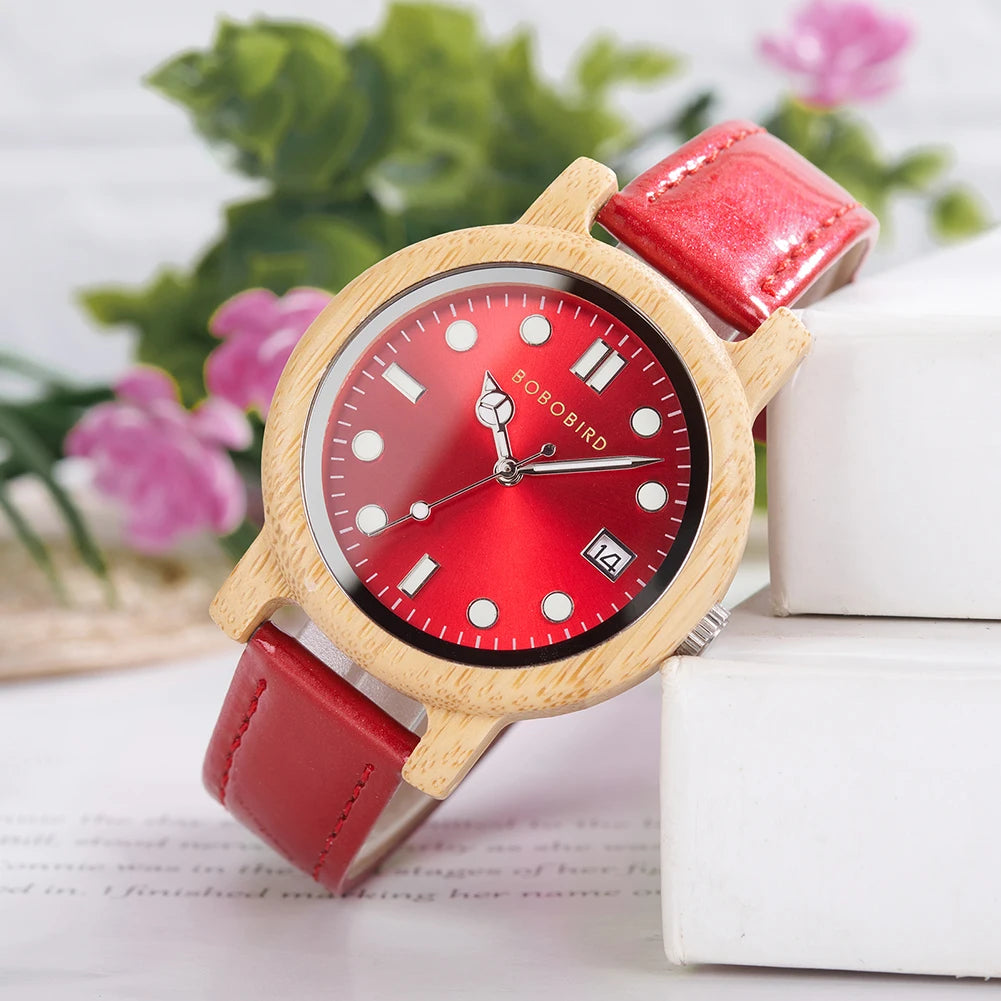 Montre-bracelet en bambou BOBO BIRD pour femme avec bracelet en cuir véritable, naturelle, légère, élégante, cadeau mode pour elle
