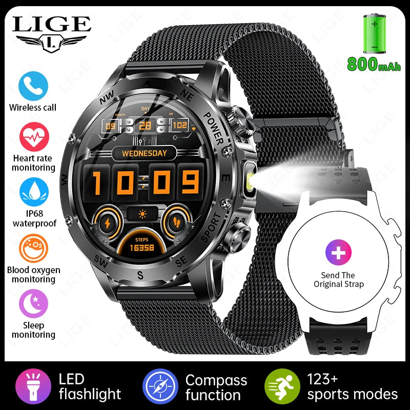 New 2026 Outdoor 800mAh Large Battery Smart Watch Men LED Flashlight Bluetooth Call Compass Sports Fitness Waterproof Smarwatch