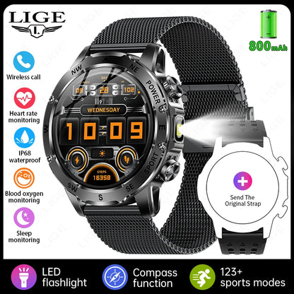 New 2026 Outdoor 800mAh Large Battery Smart Watch Men LED Flashlight Bluetooth Call Compass Sports Fitness Waterproof Smarwatch