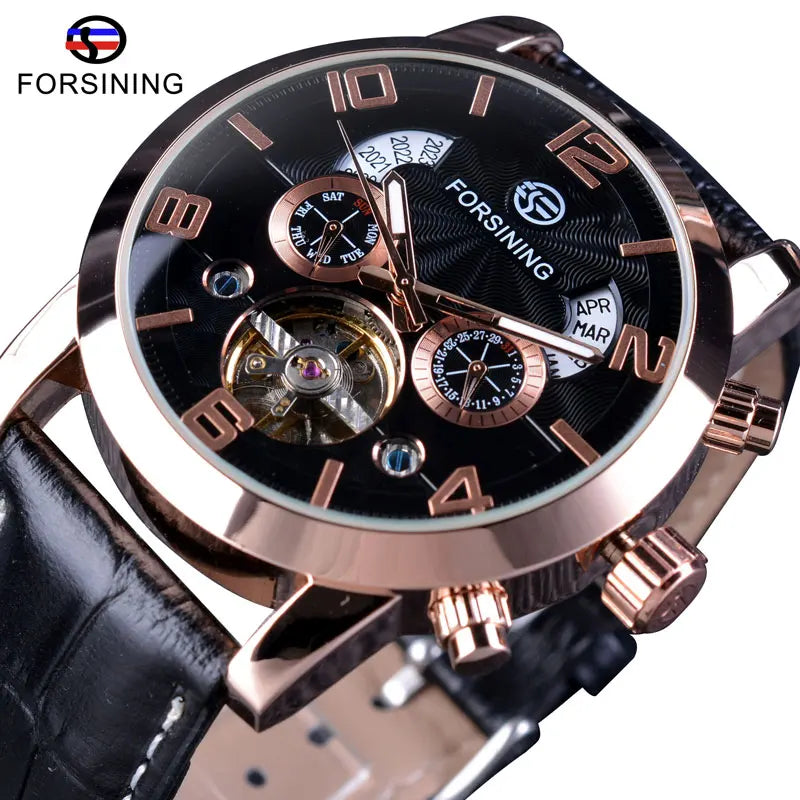 Montre mécanique automatique Forsining Tourbillon Fashion Wave noire et dorée multifonction pour homme, marque de luxe de qualité supérieure