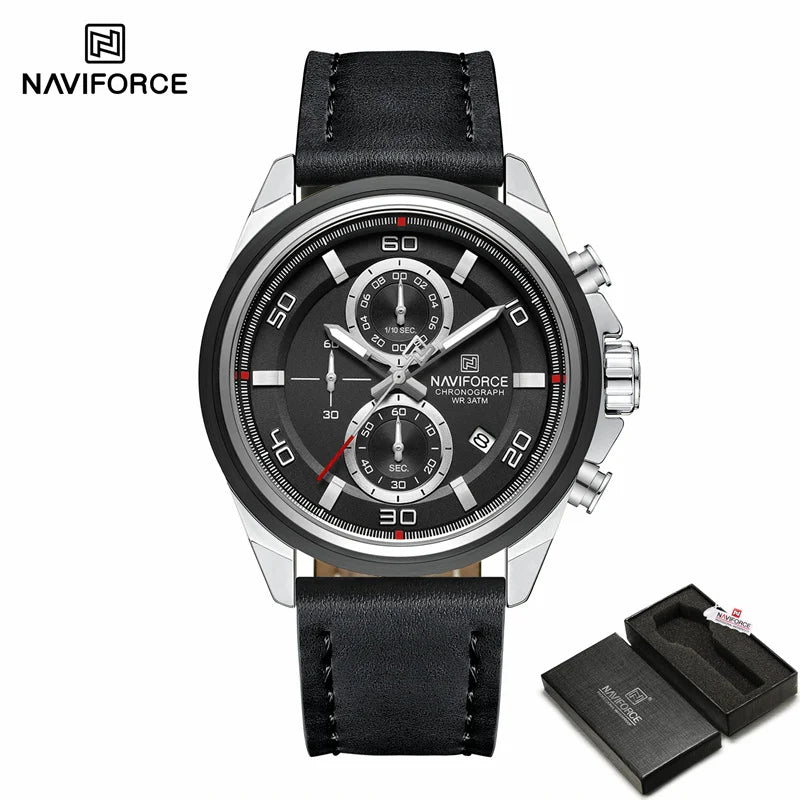 Montre homme décontractée NAVIFORCE Résistante à l'eau 3 ATM, calendrier, cadran lumineux avec bracelet en cuir, cadeau, design original