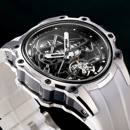 MEGIR Sports Automatic Mechanical Watch for Men Fashion Stainless Steel Cased Wristwatch with White Silicone Strap Skeleton Dial