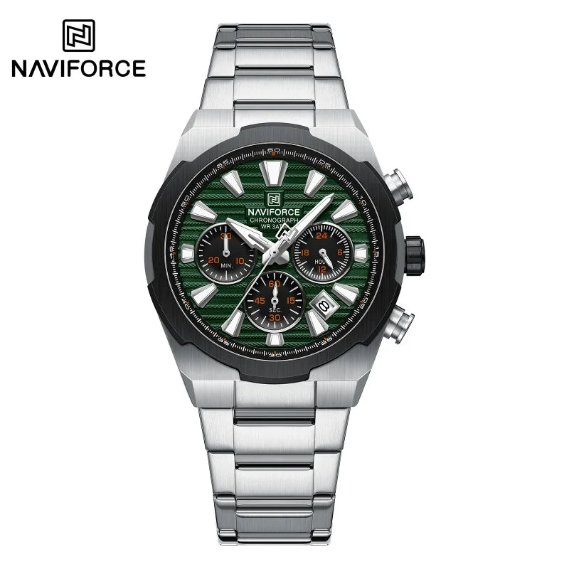 Montre-bracelet à quartz NAVIFORCE pour homme, multifonctionnelle, avec calendrier, chronomètre, lumineuse, étanche 30 ATM, bracelet en acier inoxydable