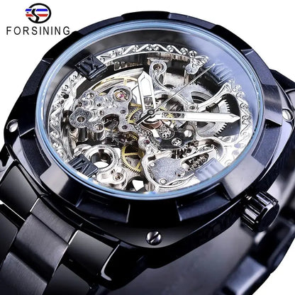 Forsining Montre Mécanique Automatique Transparente Rétro pour Hommes Marque de Luxe Aiguilles Lumineuses Dorées Squelette