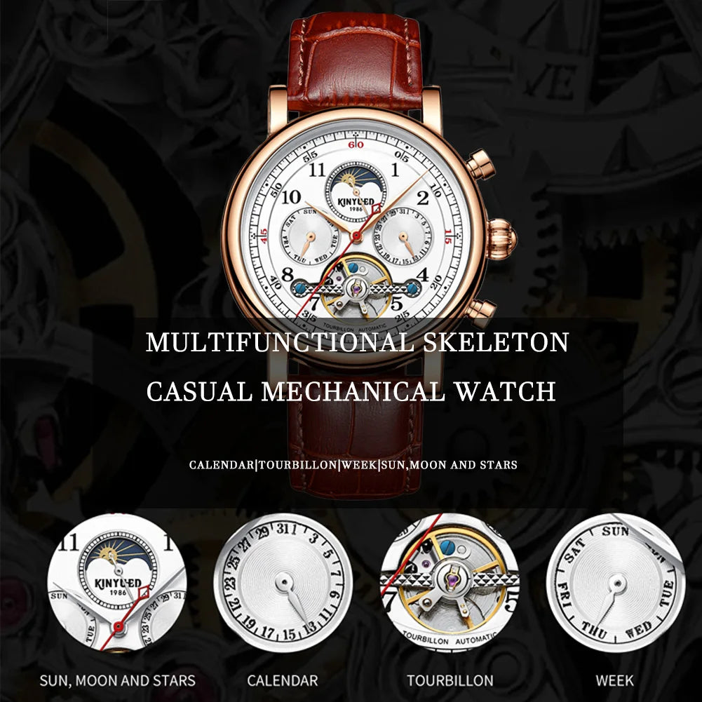 KINYUED Luxury Watches for Men Automatic Mechanical Moon Phase Men Watches Hollow Design Leather Strap Male Business Wristwatch
