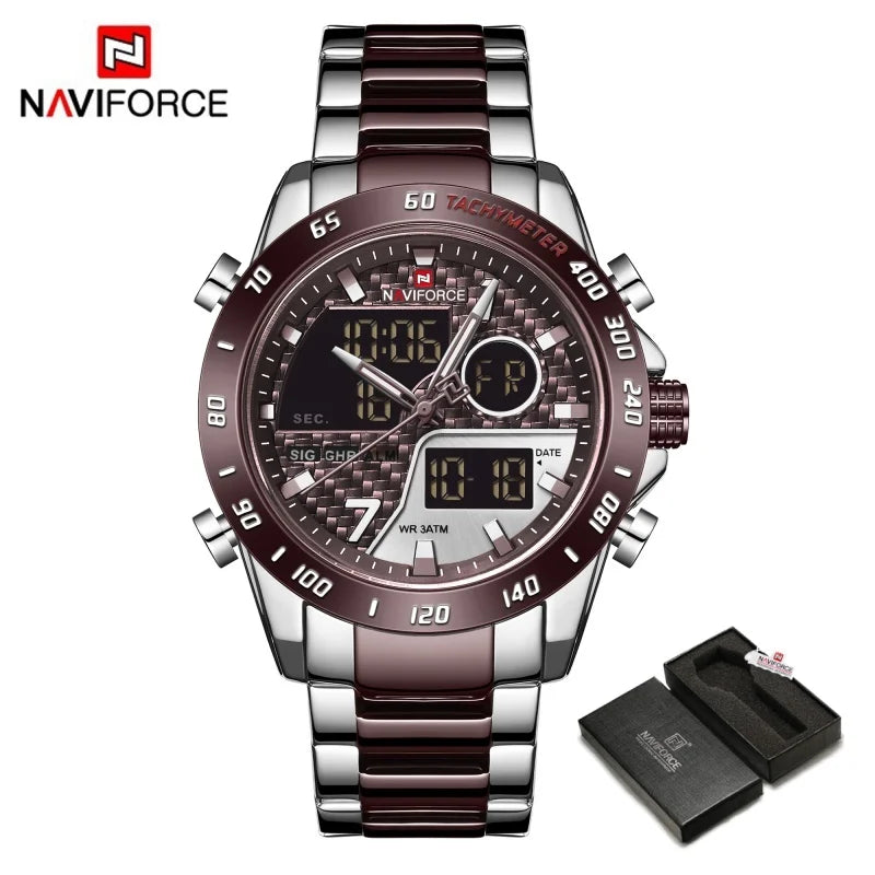 Montres NAVIFORCE Hommes Quartz Double Affichage Lumineux Bracelet en Acier Inoxydable Montre-Bracelet Masculine Affaires Quotidiennes Cadeaux Fête des Pères