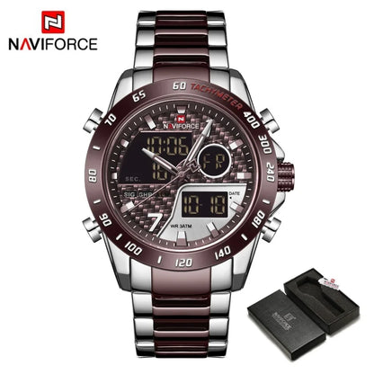 Montres NAVIFORCE Hommes Quartz Double Affichage Lumineux Bracelet en Acier Inoxydable Montre-Bracelet Masculine Affaires Quotidiennes Cadeaux Fête des Pères