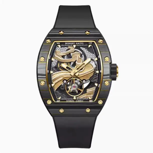 BONEST GATTI Montre Homme Automatique 51mm Tonneau Mécanique Bracelet Fibre de Carbone Verre Saphir Cadran Lumineux Grande Muraille