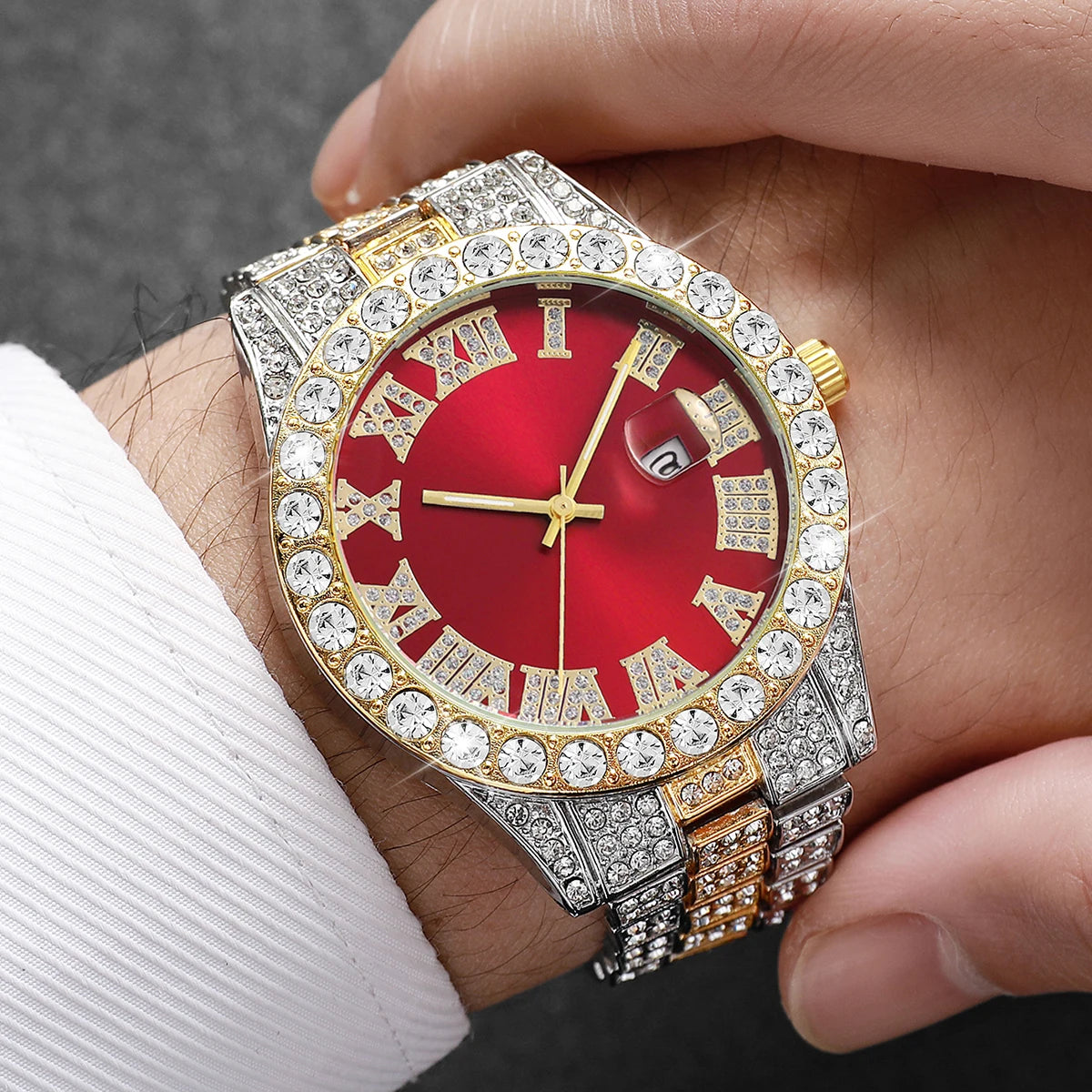Montre à Quartz de Luxe Entièrement Diamantée pour Homme, Montre-Bracelet à Quartz Masculine Tendance avec Calendrier et Bracelet en Acier Inoxydable, Horloge de Date Reloj Hombre