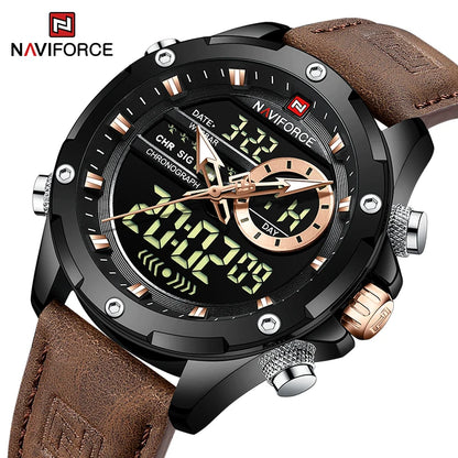 NAVIFORCE Nouvelles montres homme en cuir véritable, mouvement à quartz, chronographe, marque de luxe, lumineuses, analogiques, numériques, pour homme