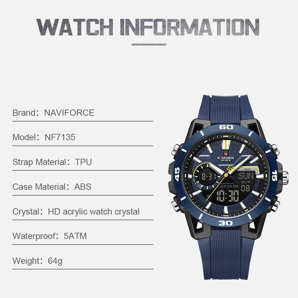 Montre NAVIFORCE Homme Étanche 5ATM Double Fuseau Horaire Mode Sport Compte à rebours Alarme Chronographe Montre-bracelet Homme Chronographe Réveil
