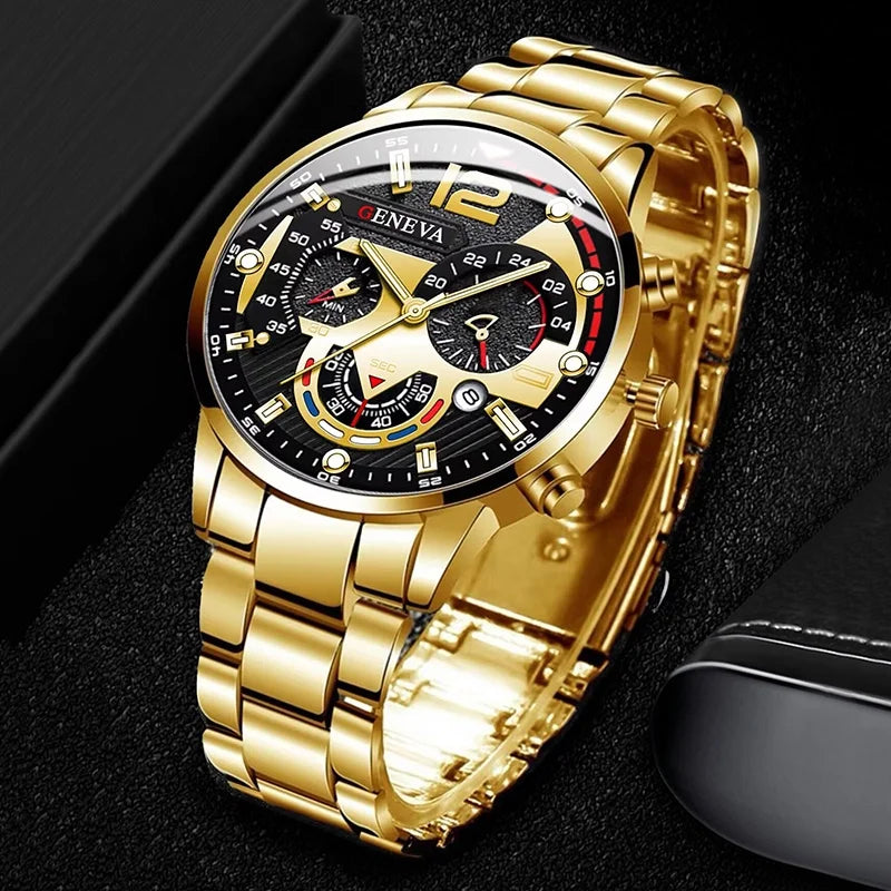 Ensemble de 4 montres de luxe pour homme - Cadran doré et bracelet en acier - Montre à quartz analogique pour homme - Bijoux (sans boîte)