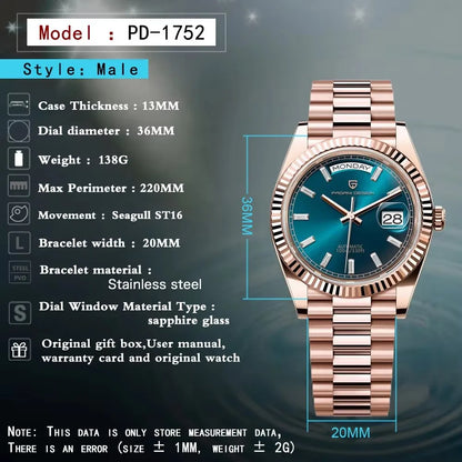 2025 Nouvelle montre PAGANI DESIGN pour homme DD36 or rose luxe automatique pour homme montres-bracelets mécaniques saphir miroir horloge