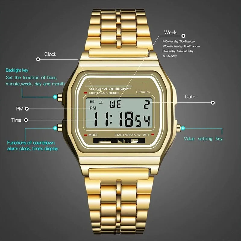 Montre-bracelet numérique LED sport multifonctionnelle avec bracelet en acier pour hommes et femmes, montre électronique professionnelle