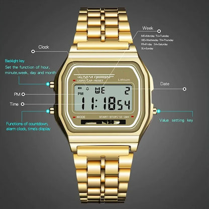 Montre-bracelet numérique LED sport multifonctionnelle avec bracelet en acier pour hommes et femmes, montre électronique professionnelle