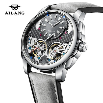 AILANG Business Mechanical Watches Men Top Brand Luxury Leather Waterproof Double Tourbillon Watch For Men Automatic Wristwatch