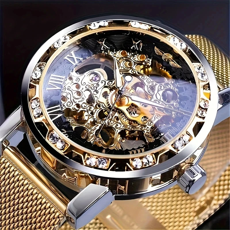 1 Piece of Men's Fashionable Diamond-Encrusted Manual Mechanical Watch, Skeleton Design Mesh Strap Watch, Stylish Casual Versatile Handsome Male Student Wristwatch, High-Value Gift Choice, No Battery Needed