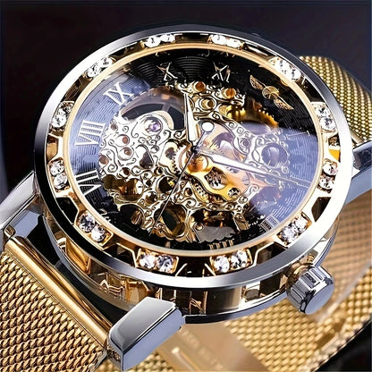 1 Piece of Men's Fashionable Diamond-Encrusted Manual Mechanical Watch, Skeleton Design Mesh Strap Watch, Stylish Casual Versatile Handsome Male Student Wristwatch, High-Value Gift Choice, No Battery Needed