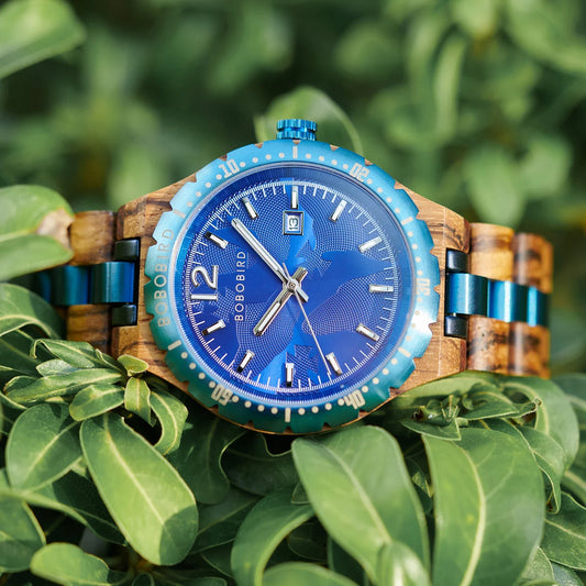 BOBOBIRD 2025 New Design Wooden Quartz Watch for Men Natural Wood Blue 43mm Dial Automatic Date Wristwatch Male for Men's gift
