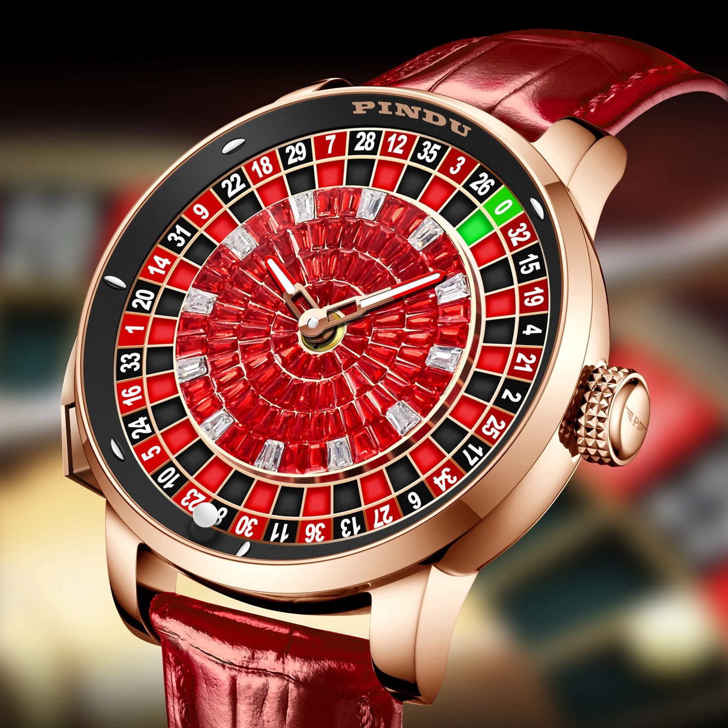 NOUVELLE montre mécanique à cadran rotatif en diamant rouge PINDUI Design avec mouvement NH35 en acier inoxydable, montre automatique de luxe pour hommes