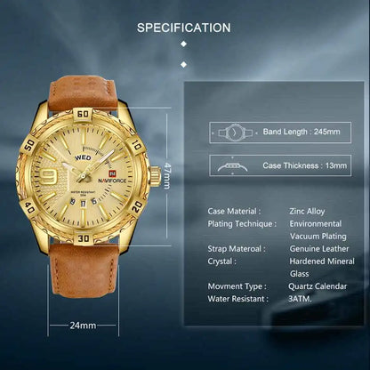 NAVIFORCE Montre Homme Tendance Or Luxe Sport Étanche Militaire Montre-bracelet Affaires Décontracté Bracelet en Cuir Date Horloge 9117