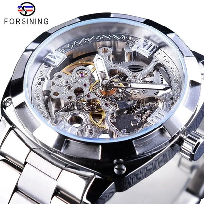 Forsining Montre Mécanique Automatique Transparente Rétro pour Hommes Marque de Luxe Aiguilles Lumineuses Dorées Squelette