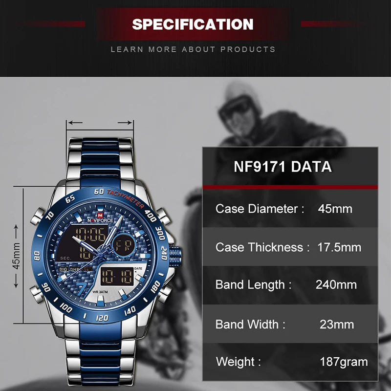 Montres numériques NAVIFORCE pour hommes Montres-bracelets de sport de luxe en acier inoxydable à quartz Étanche militaire Lumineuse pour homme
